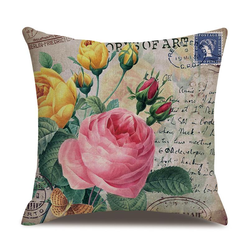 Linen Pillowcase American Rustic Rose Sofa Cushion Cover Retro Style Car Home Soft Decoration