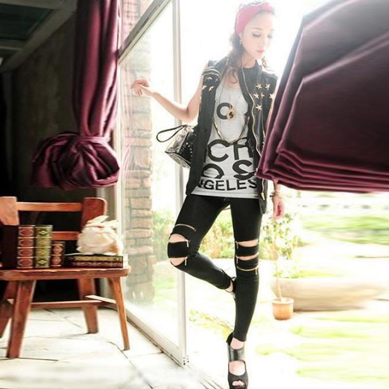 

Леггинсы из искусственной кожи с тремя молниями в европейском и американском стиле — утягивающий дизайн с узким вырезом на штанине One Size чёрный