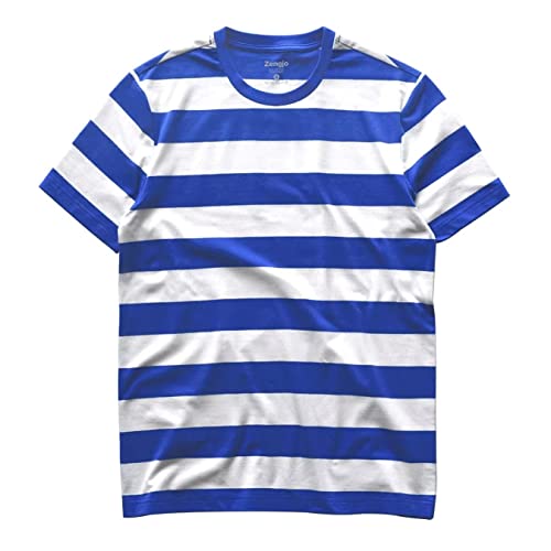 Zengjo Men's Striped T-Shirt (Blue and White, Thick, Size S)