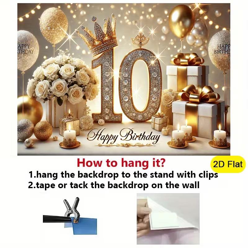 2D 10th Birthday Backdrop, Gold Glitter Banner for Party & Photo Booth