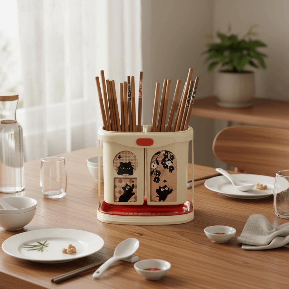 Large Capacity Wall Mounted Chopstick Cage Divided Compartments Cartoon Pattern No Drilling Holder Plastic Draining Function
