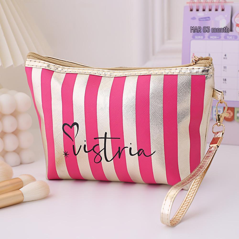 Gestreifte Wasserdichte PU-Leder Kulturtasche - Große Kapazität Handheld Sechseckige Make-up-Aufbewahrung für Damen