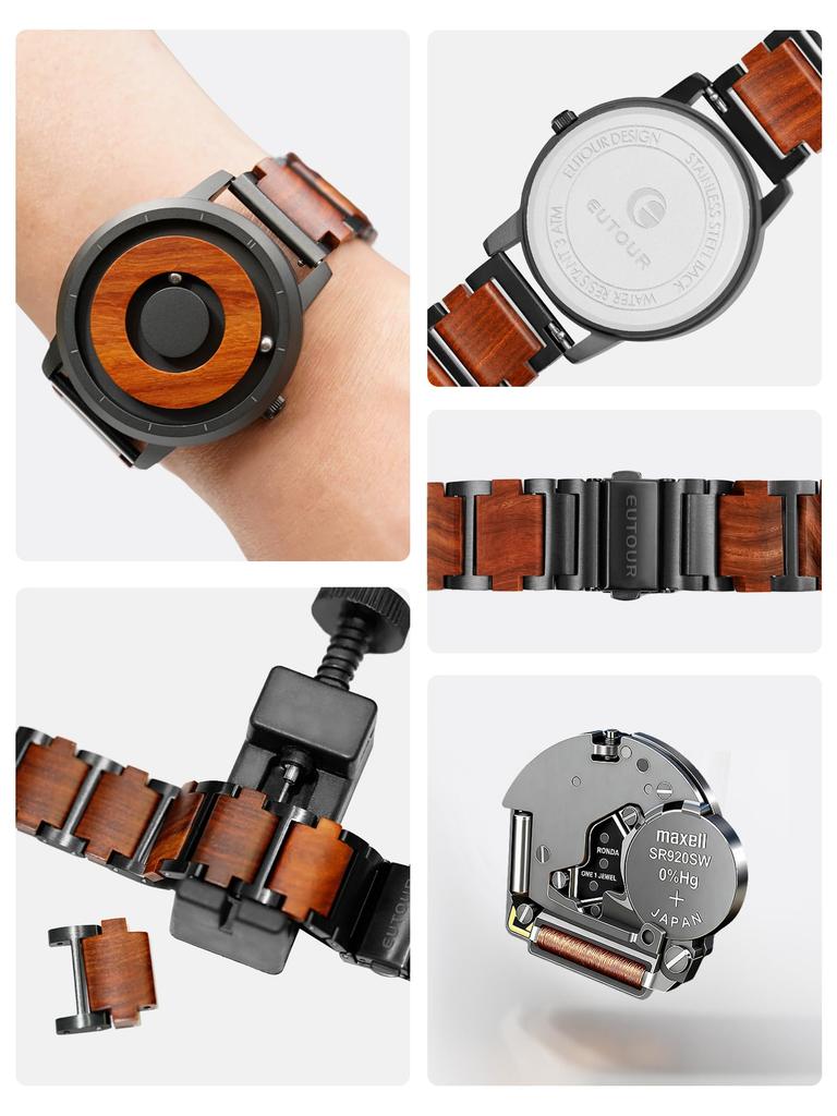 EUTOUR Wooden Magnetic Stylish Retro Simple and Casual Quartz Watch with Magnetic Ball 3ATM Water 40mm and Wooden Band Men's Watch, Style, Design,