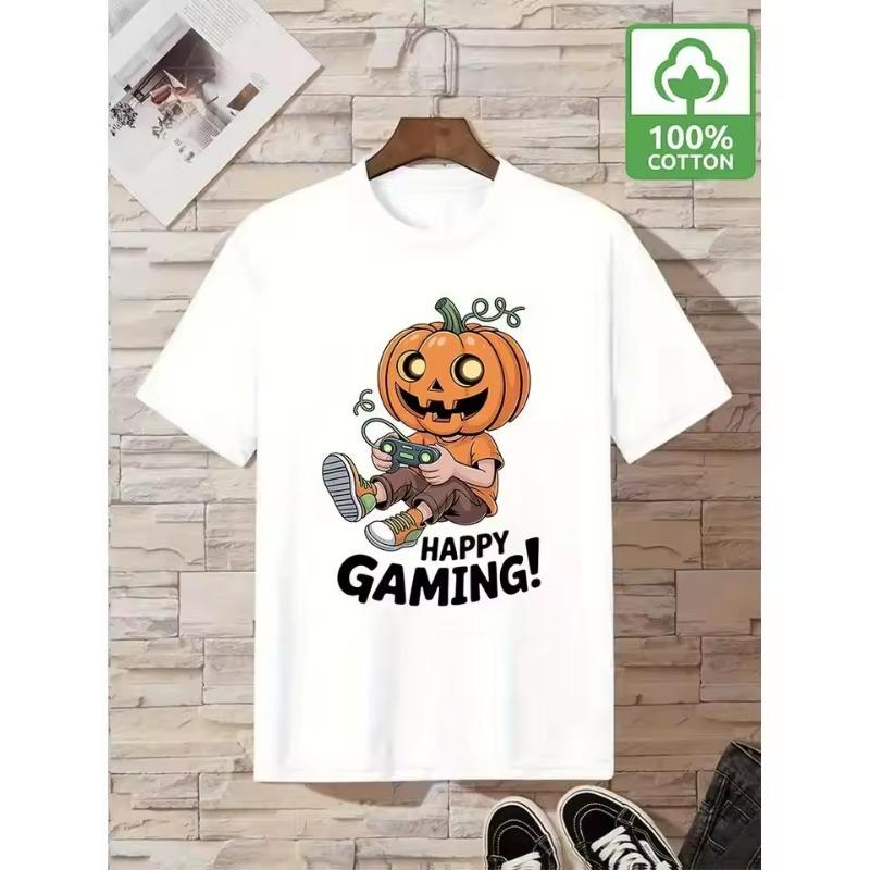 

Halloween-themed Printed 100% Cotton T-shirts Fun Pumpkin Graphic Tees Men Women WIFRU Loose-fitting Streetwear Tops S белый