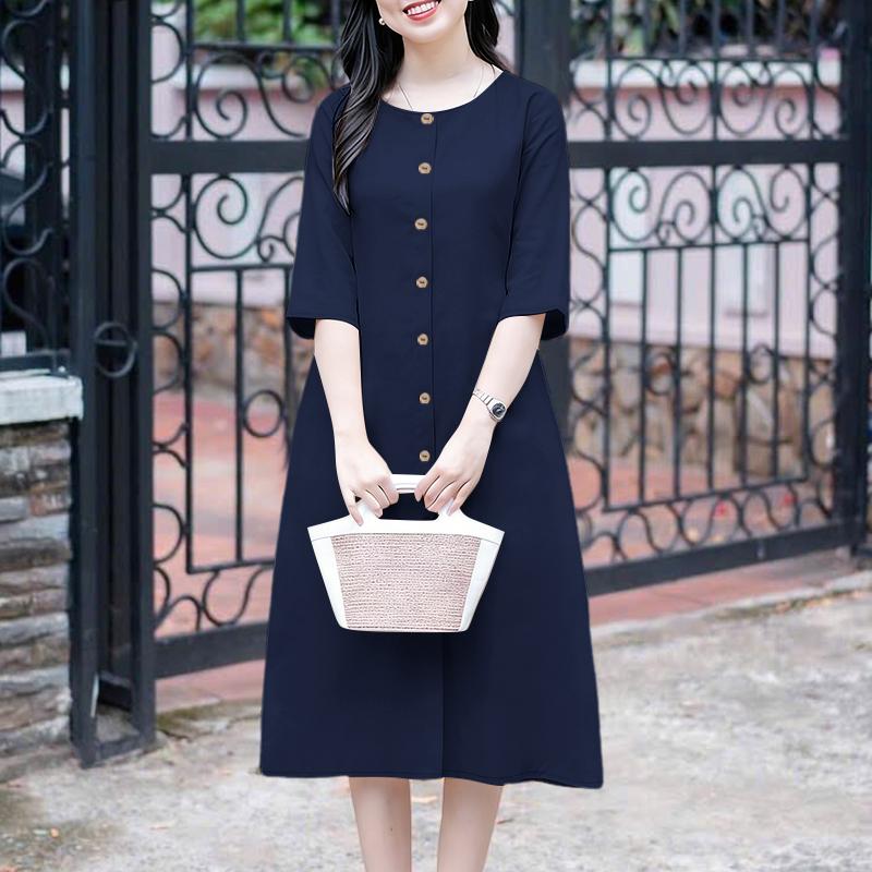 ZANZEA Women Casual Round Neck Solid Color 3/4 Sleeve Loose Dress