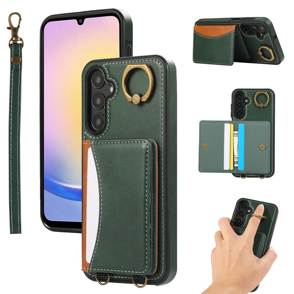 For Samsung Galaxy A24 4G (162.1x77.6x8.3mm) PU Leather Back Case Card Holder Kickstand Phone Cover with Wrist Strap