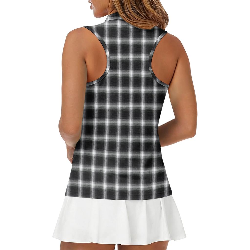 Women Sleeveless Golf Polo Shirt Zip Collar Plaid Print Athletic Tank Top for Sports and Outdoor Activities
