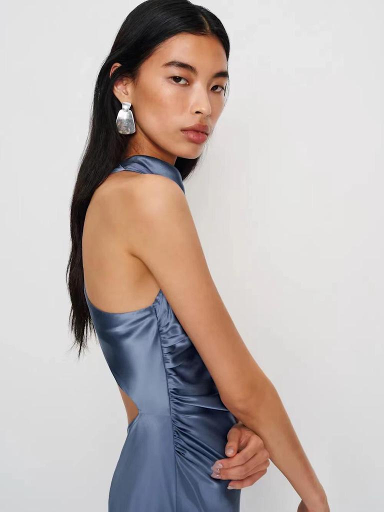 Spring Summer Sexy Halter Long Dress - European & American Style, Slim Fit, Solid Color, Sleeveless for Women
