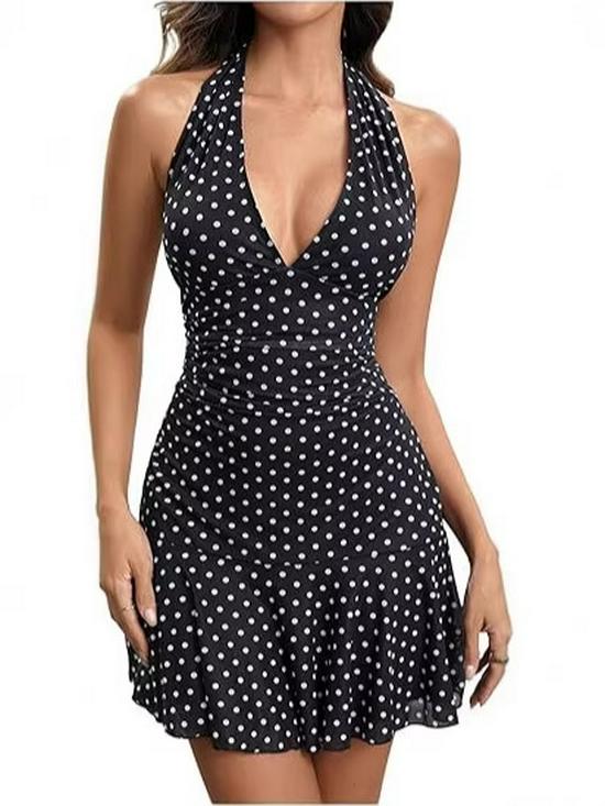 2025 Summer Women's Sleeveless Polka Dot Halter Neck Mini Dress with Open Back