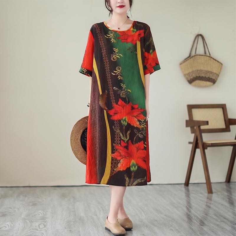 Dimanaf 2024 Plus Size Women Summer Beach Vintage O-Neck Dress Elegant Lady Print Long Dress Style Loose Dress