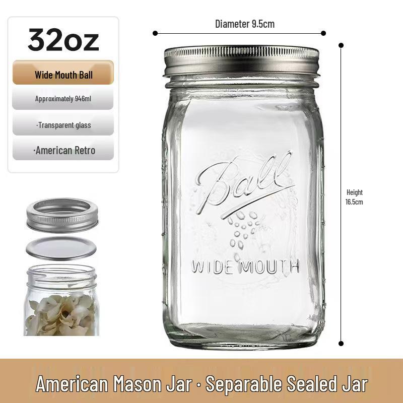 Retro Mason Glass Storage Jar with Lid - Food Grade Transparent Kitchen Container