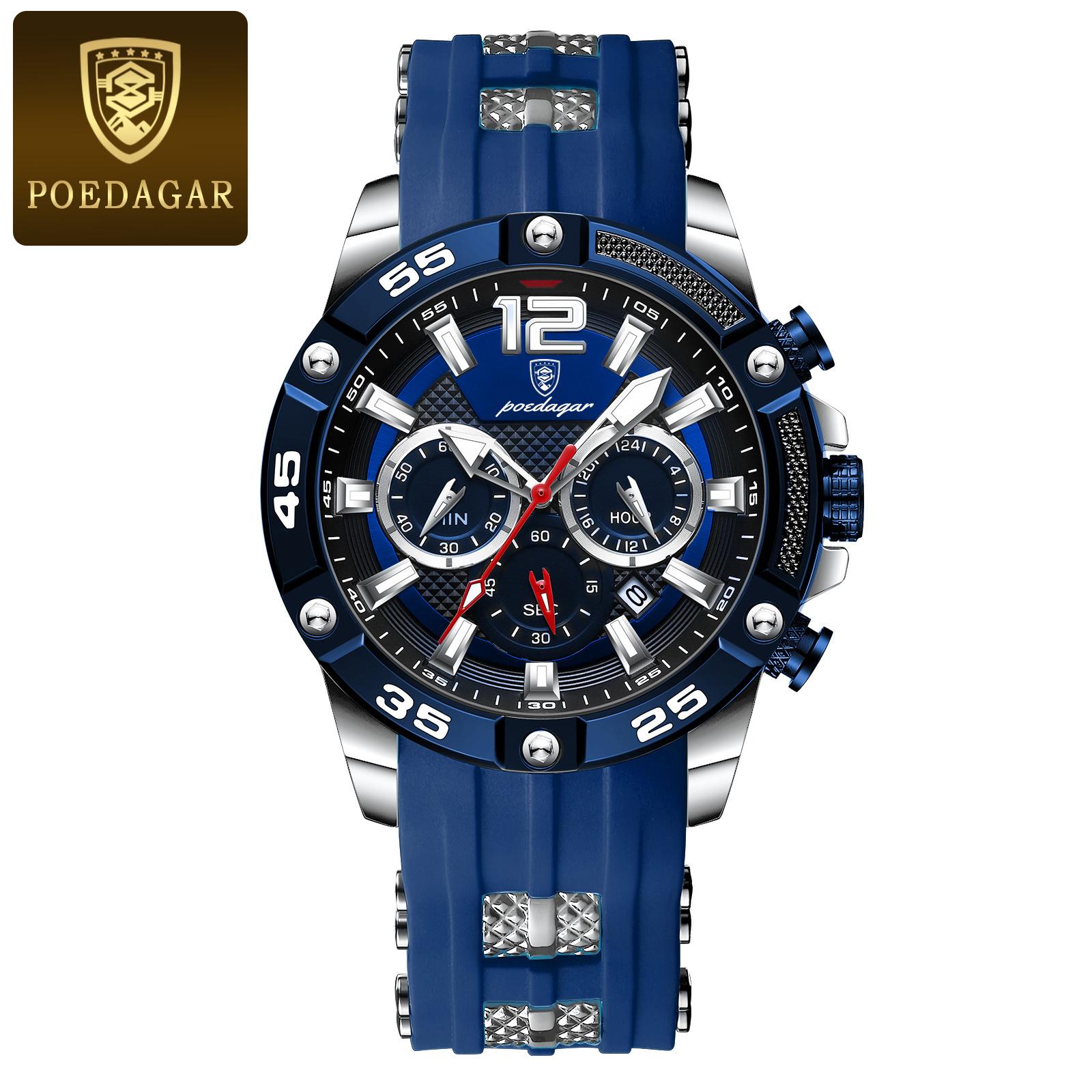 

POEDAGAR Luxury Man Wristwatch Sports Chronograph Silicone Strap Watches Waterproof Luminous Date Quartz Watch Fashion срібний/синій
