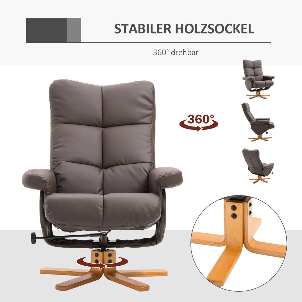 Recliner with Footstool, 360 degrees Swivel TV Chair with Reclining Function Reading Chair for Bedroom, Living Room, Faux Leather, Brown