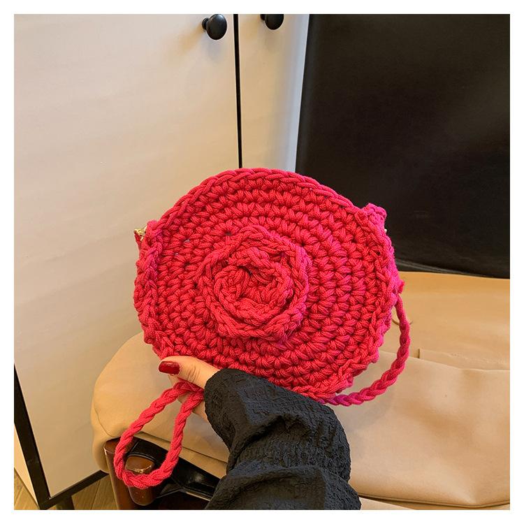 New crochet flower small round bag, candy-colored messenger bag, cute shoulder bag, women's woven handmade.