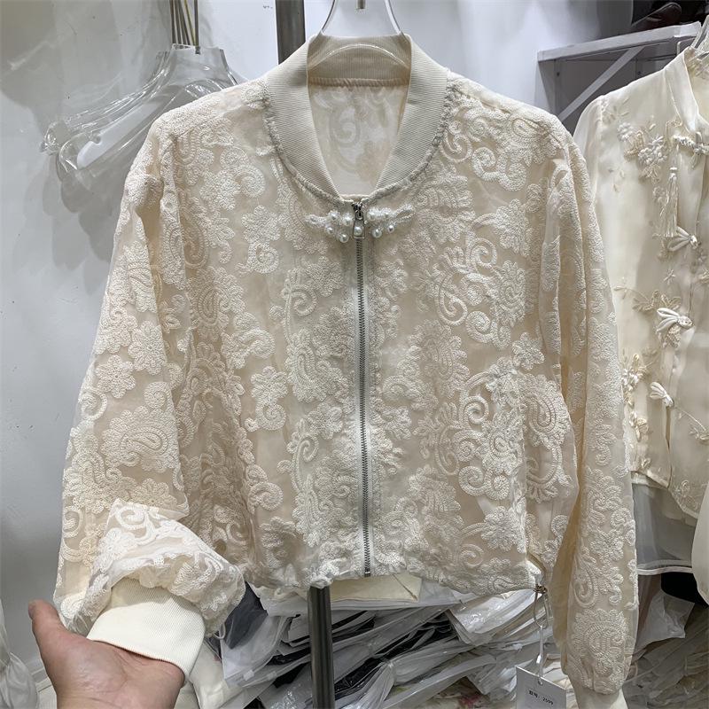 Women's Hollow Lace Jacket with Stand-up Collar - European Style, 2024 Spring, Korean Slimming Fit, Elegant Fragrance-Inspired Design.