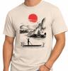 Japanese Ukiyo-E Sunset Pagoda Boat Graphic Tee Asian Art Mountain T-Shirt.