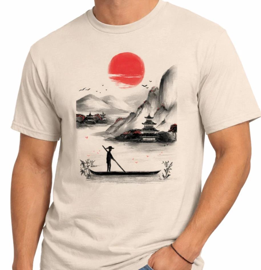 Japanese Ukiyo-E Sunset Pagoda Boat Graphic Tee Asian Art Mountain T-Shirt. S