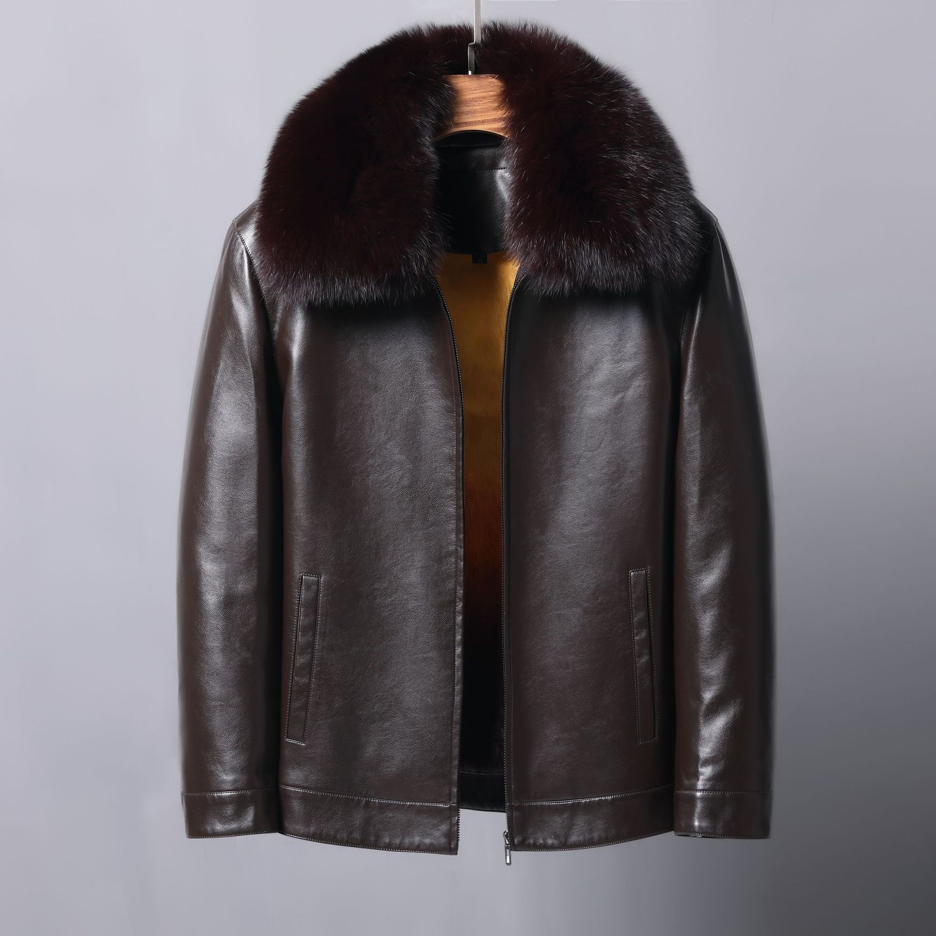 

Куртка из натуральной кожи, мужская кожаная куртка с воротником из лисьего меха, съемная подкладка из норки, утолщенная куртка L