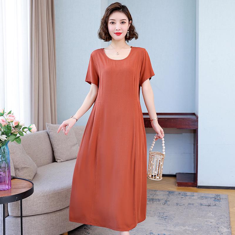 

Жіноча літня однотонна сукня з коротким рукавом, вільного крою, довжини міді, з текстурою 4XL brick червоний колір