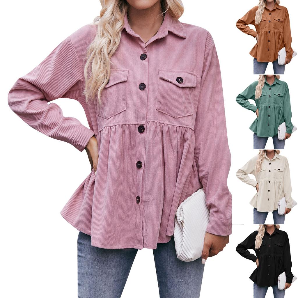 Women's Casual Long Sleeve Stand Collar Corduroy Solid Color Top Shirt