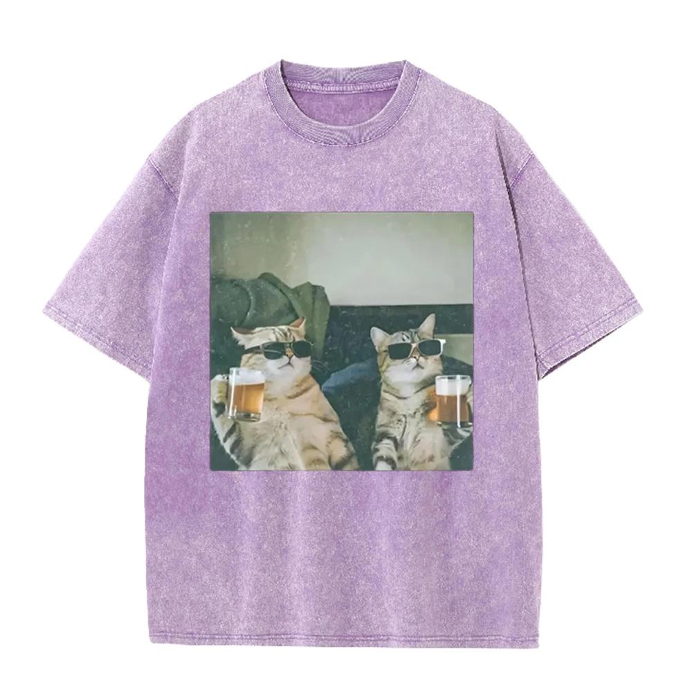 2026 Cool Cat Drinking Beer Funny Meme T-shirt Women Casual Vintage Short Sleeve T Shirt Women Fashion Crewneck T-shirts