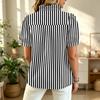 Women Ruffle V Neck Striped Print Blouse Short Sleeve Button Down Relaxed Fit Casual Top for Daily Wear