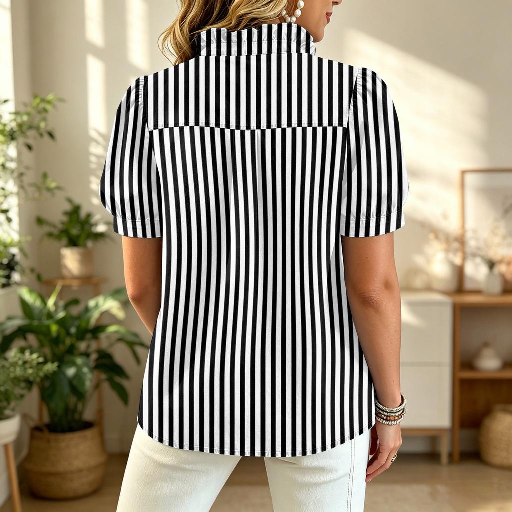 Women Ruffle V Neck Striped Print Blouse Short Sleeve Button Down Relaxed Fit Casual Top for Daily Wear