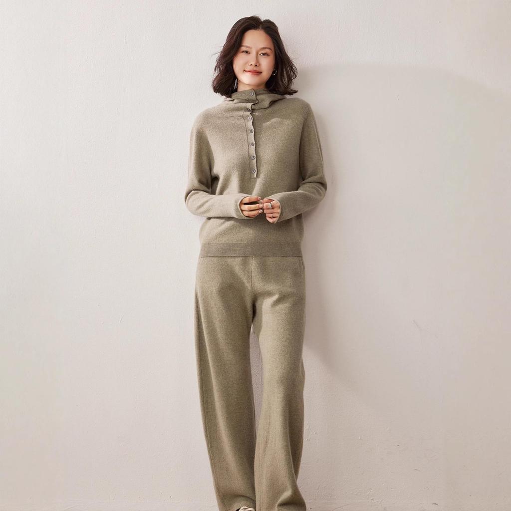 2025 A/W Women's Cashmere Knit Set: High-Waist Wide-Leg Pants & Drawstring Hoodie with Pockets, Korean Style Fashion