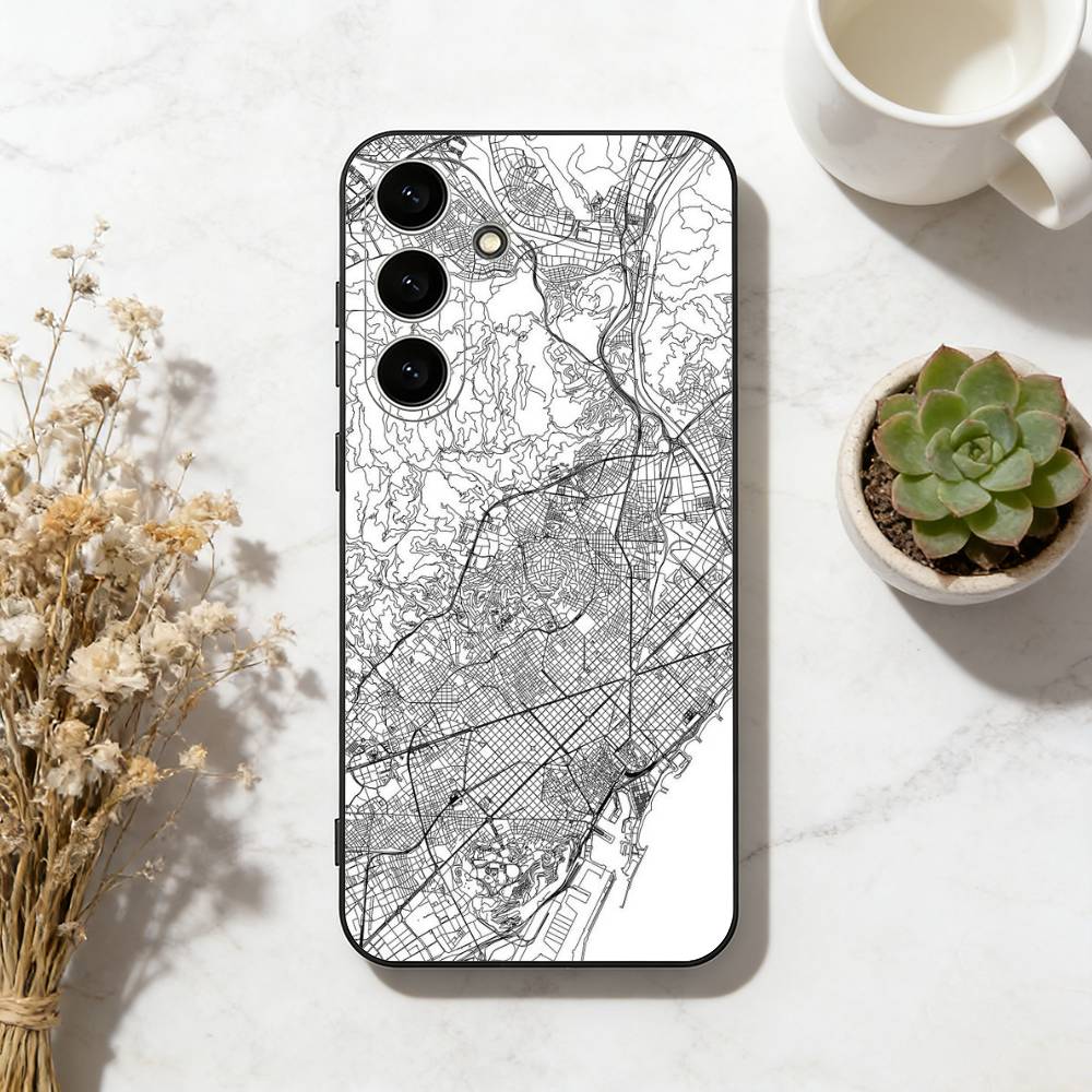 Famous City Sketch City Map Phone Case For Samsung Galaxy A73,A72,A71,A70,A53,A52,A51,Soft Silicone Black Cover