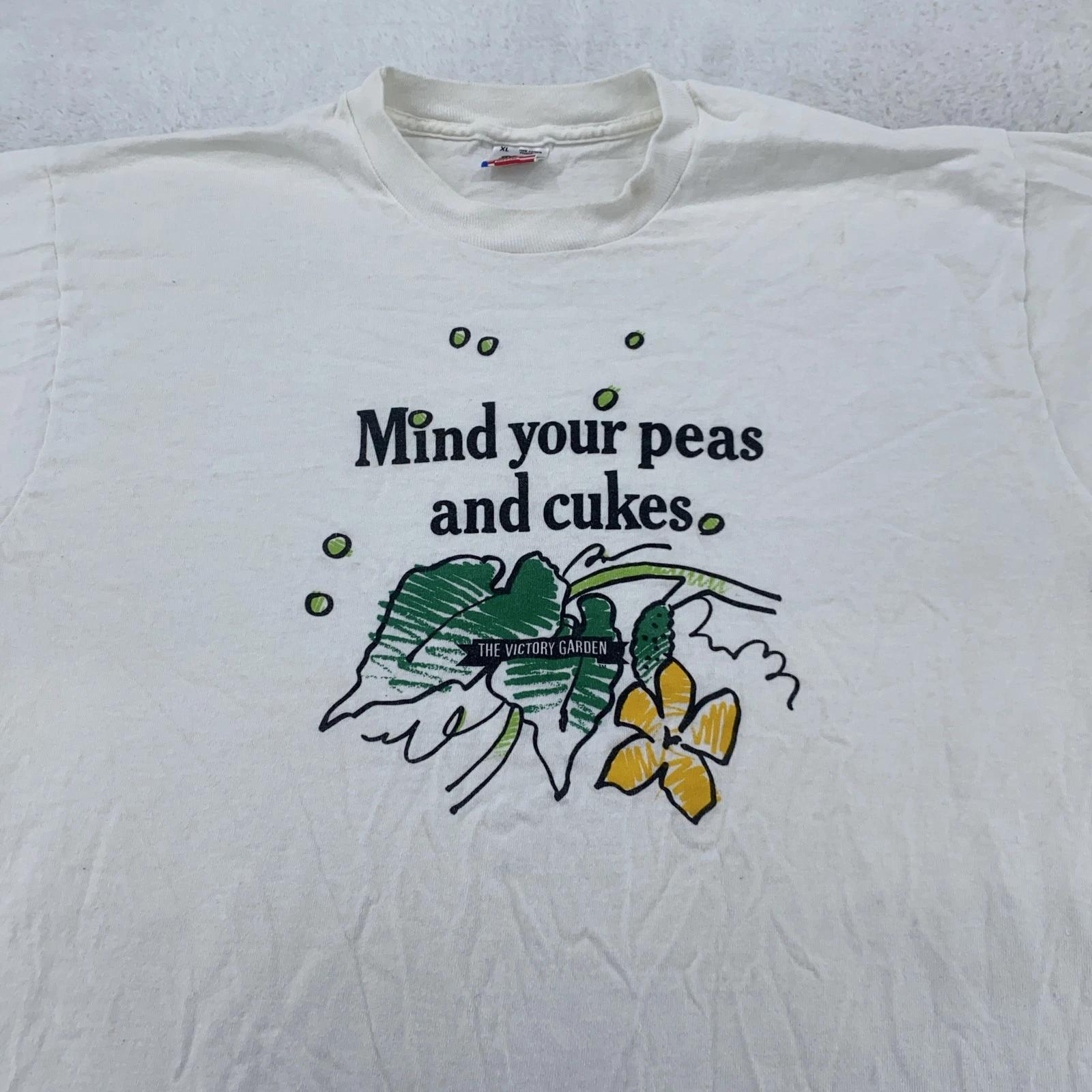 Vintage Victory Garden Mind Your Peas & Cukes T-Shirt Mens L/XL 90s cucumber war 3XL