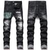Nuovo Stock Jeans da Uomo Neri con Patch Perforata Ricamata Slim Fit Elastici Gamba Stretta
