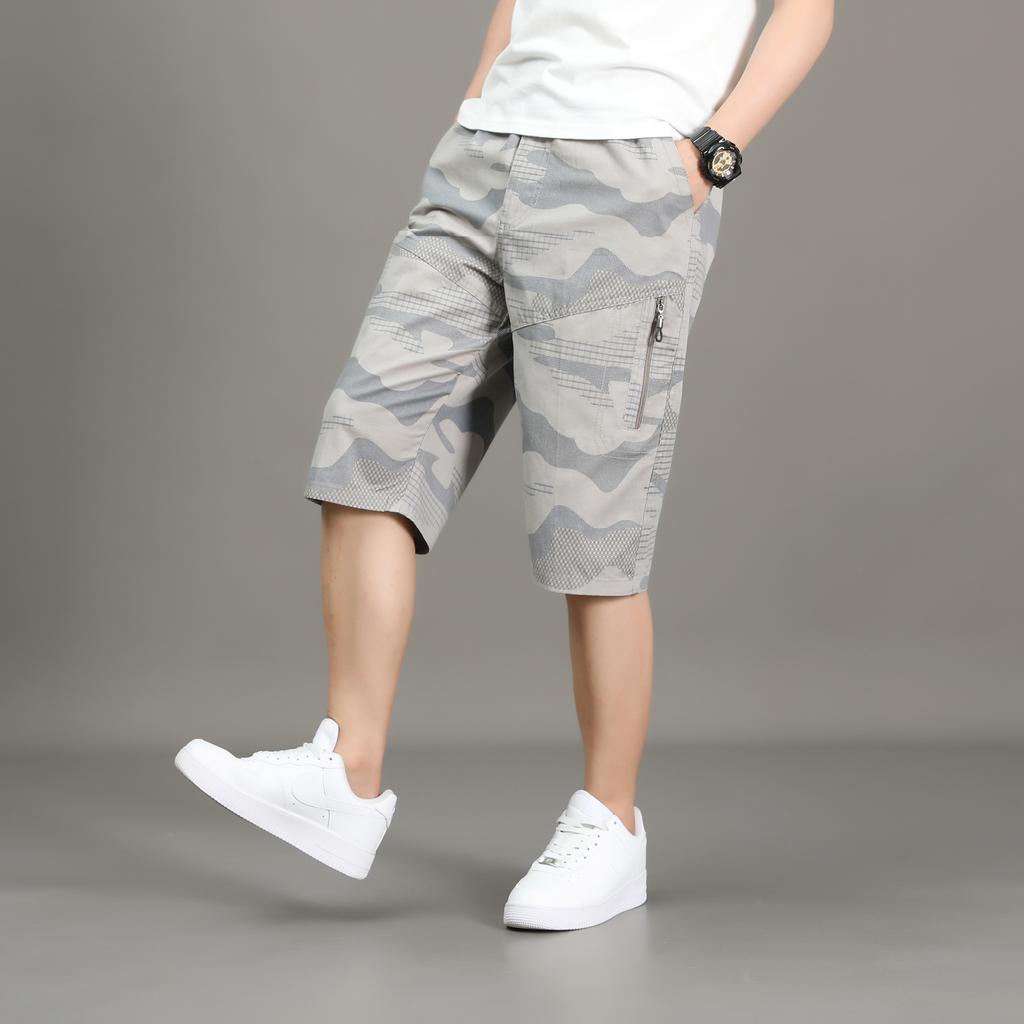 Men's Cargo Shorts Casual Summer Shorts Cotton Camouflage Print Elastic Waistband Loose Fit Lightweight Breathable Short Pants