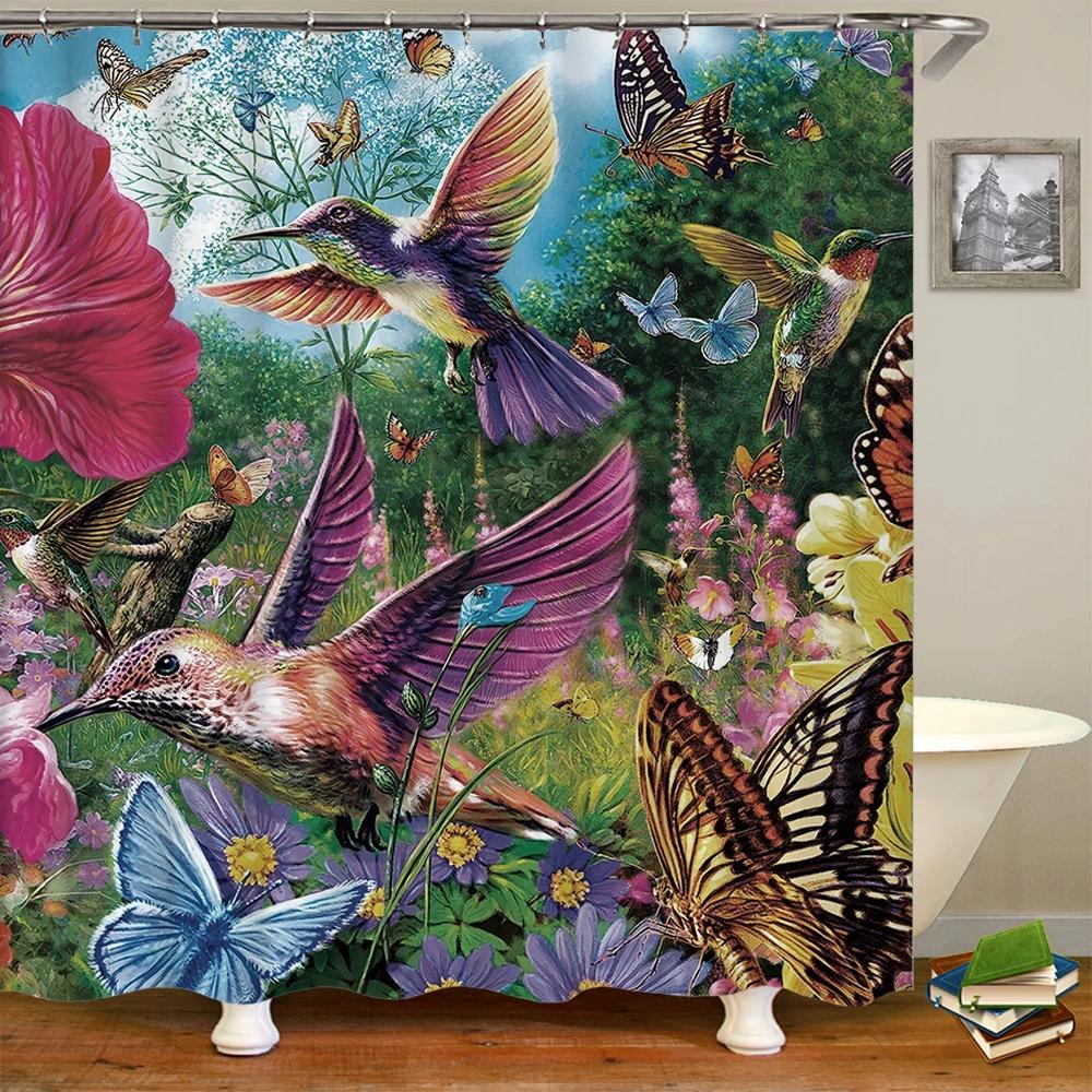 

Flowers Birds Butterfly Shower Curtain 3D Bath Screen Waterproof Fabric Bathroom Home Decor Tropical Plant Shower Curtains Baño W60H190(CM)-1 Pcs