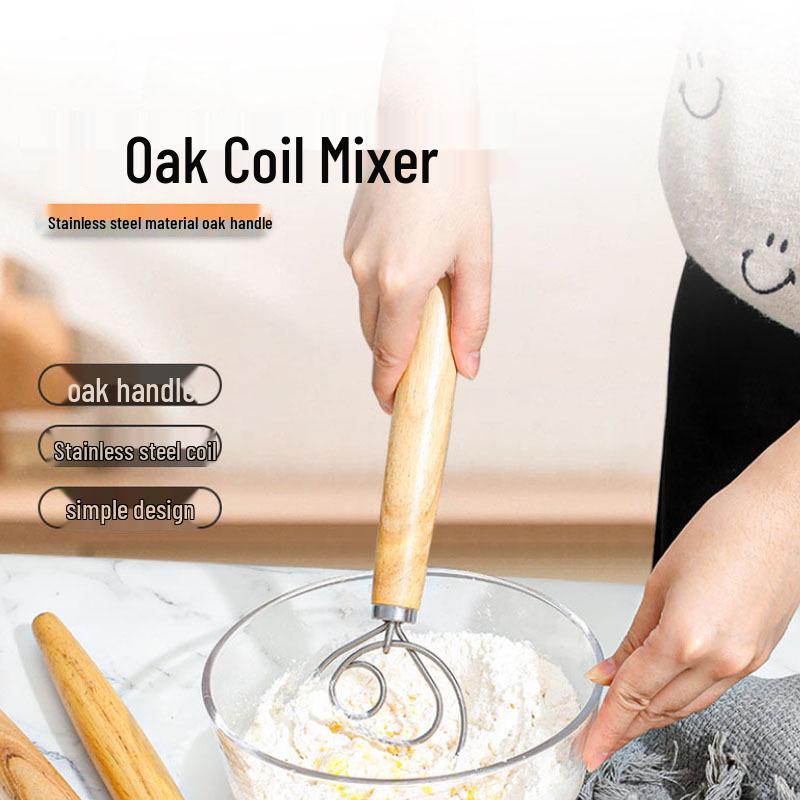 13" Oak Handle Danish Dough Mixer & Egg Beater - Stainless Steel Whisk Tool