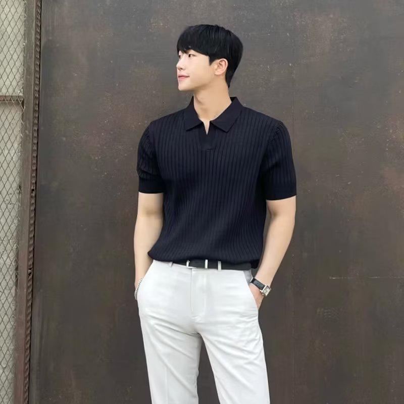 Men's Summer Slim Fit Polo Shirt - Korean Style, Turn-Down Collar, Solid Color, Casual Thin Knit