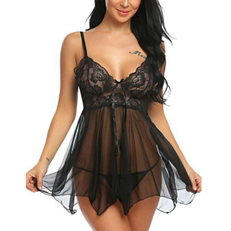 S-4XL Mini abito da notte per biancheria da notte da donna sexy in pizzo con babydoll e biancheria da notte
