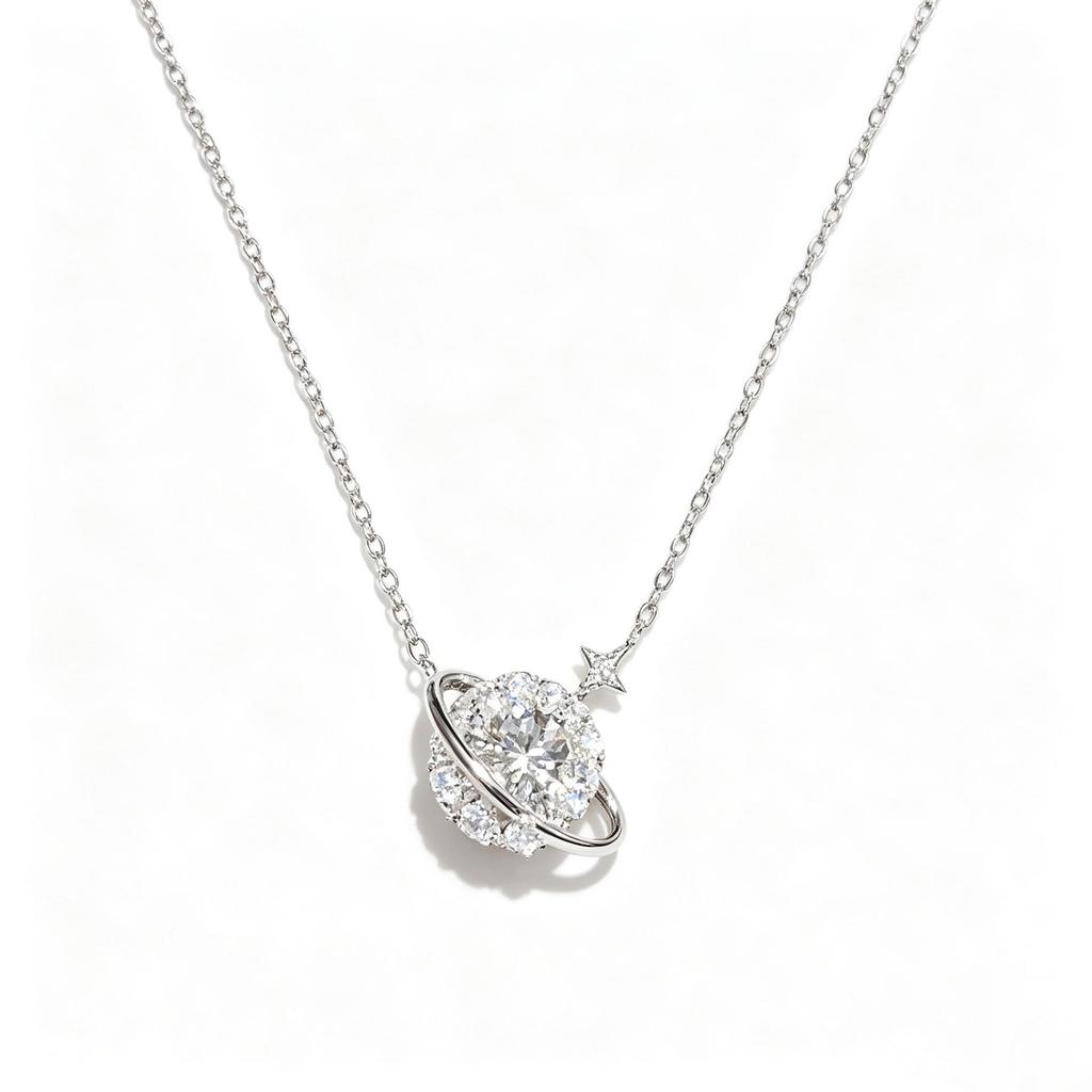 Sparkling Diamond Star Necklace: 999 Sterling Silver, Luxury Zirconia Planet Pendant, Clavicle Chain