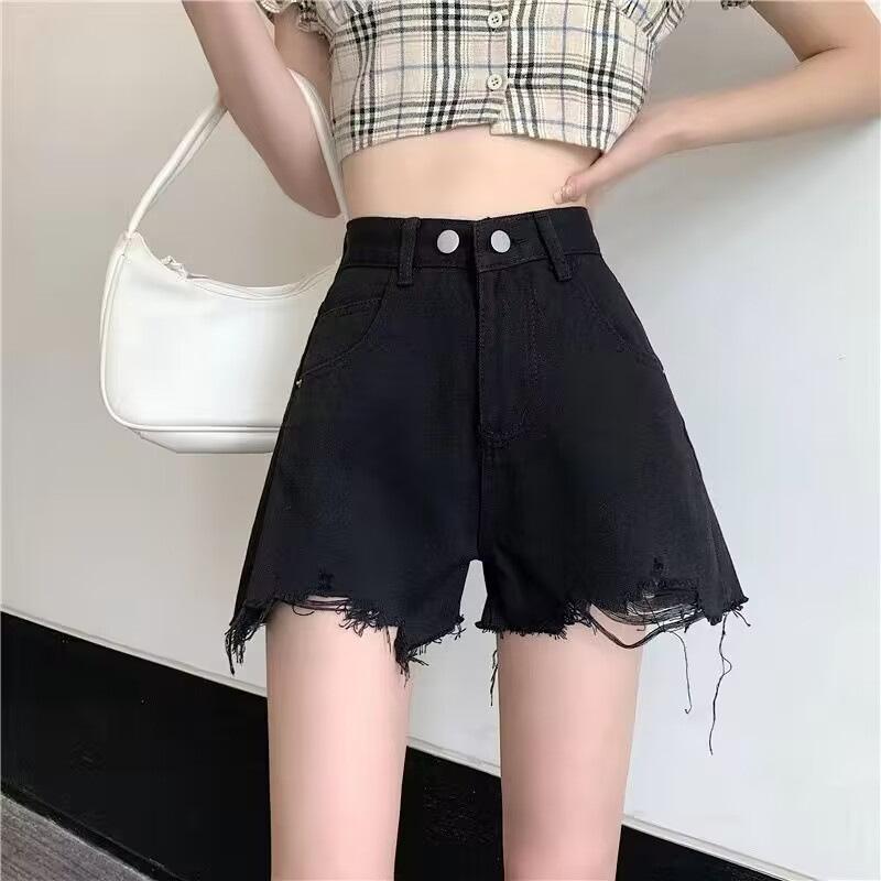 

Тонкие джинсовые брюки А-силуэта, летние новые шорты с высокой посадкой, рваные, простые, с широкими штанинами для женщин XL чёрный