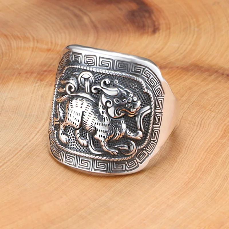 New In Ethnic Style Square Divine Beast Mens Rings 990 Thai  Vintage Enamel Blue Banquet Party Jewelry Opening Adjustable