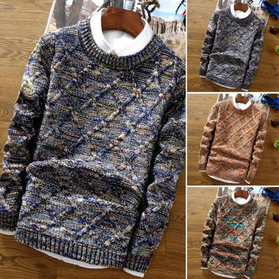 Men Fall Winter Sweater Rhombus Texture Knitted Thick Long Sleeves Slim Fit Pullover