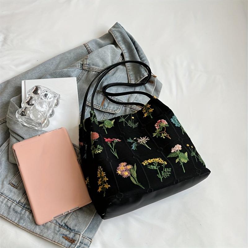 New Aesthetic Floral Shoulder Bag, Trendy Embroidery Tote Bag, Ethnic Style Handbag for Women Daily Use Travel Work Dating Party