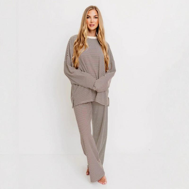 Womens Striped Loungewear Set Long Sleeve Casual Home Pajamas XS-XXXL