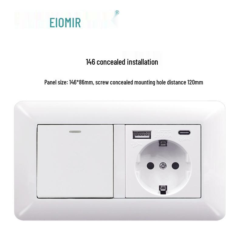 Curved White European Standard Socket Panel with Double USB & Type C, German Switch, Concealed Installation