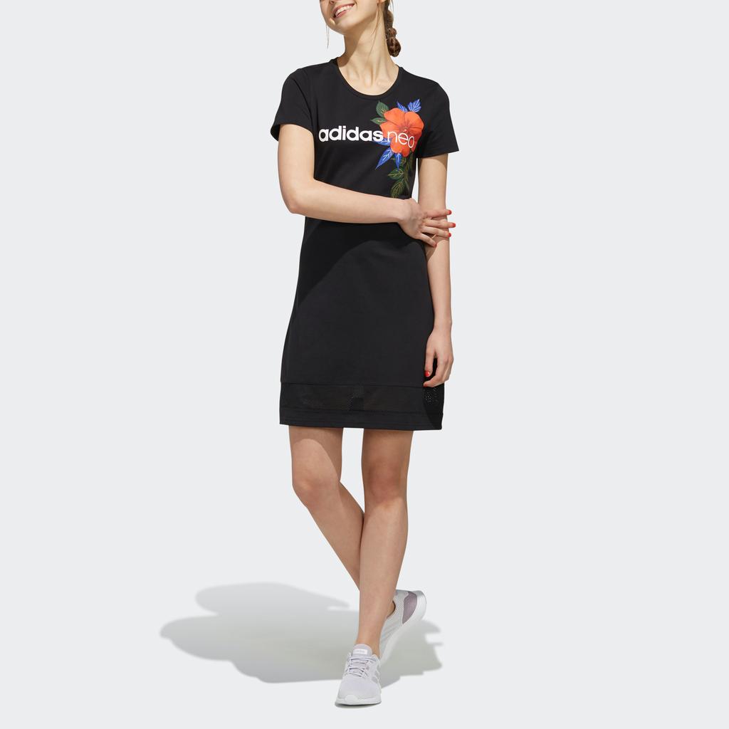 Adidas Neo W Farm P Dre Hibiskusowy Nadruk Sportowa Sukienka z Krótkim Rękawem Sukienki Damskie Czarny EI4853