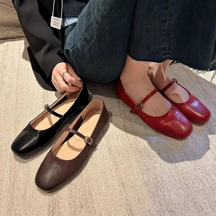 Fashion Retro Style Square Toe Women's Mary Jane Shoes Elegant Shallow Dress Flats Leather Footwear for Ladies 2025