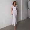 European and American Women's Clothing 2026 Summer New French Floral V-neck Bubble Sleeve Waist Lace-up Fishtail Dress