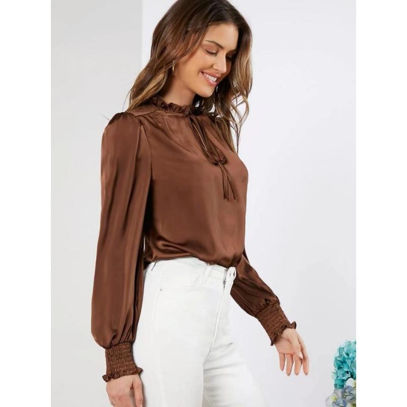 Jaro Podzim Elegantní Jednobarevný Kulatý výstřih Popruh s dlouhým rukávem Rovná trubka Hedvábné Dámské Top halenky a košile