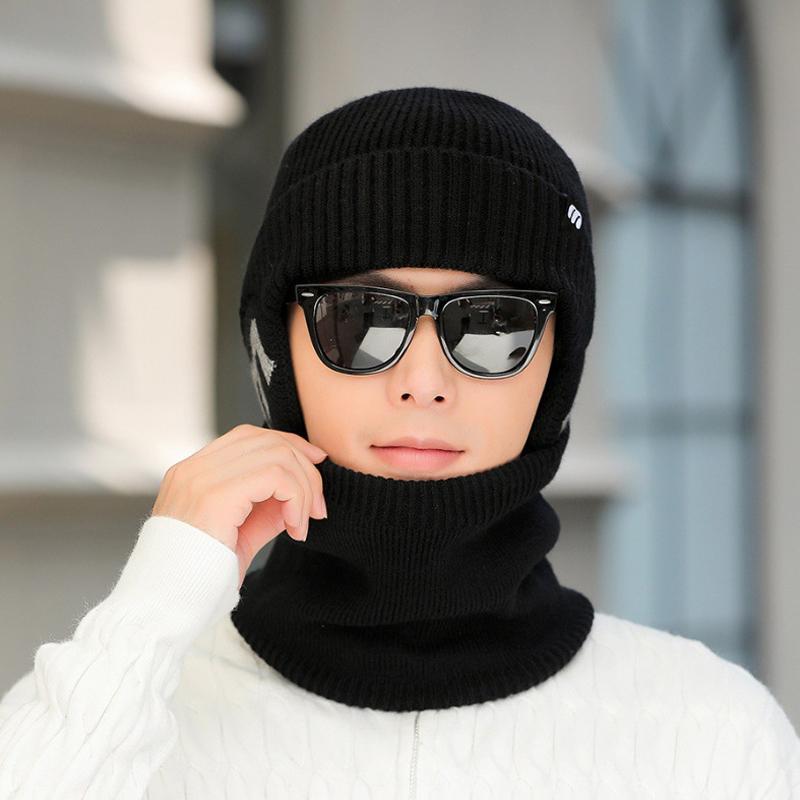 Knitted Hat Men's Winter Thick Letter Warm Cap Scarf Set Big Head Waving Elastic Pullover Cap