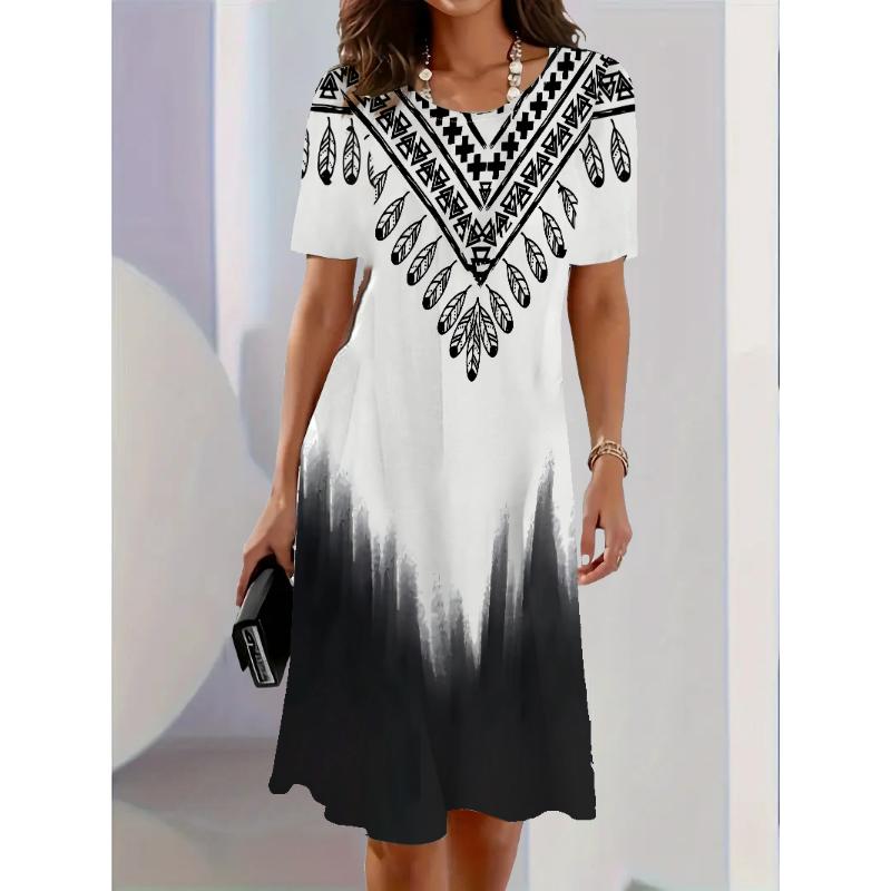 Damen Rundhals Kurzarm Knielang Geometrisches Kleid Damen Modisches 3D Gestreiftes Bedrucktes A-Linien Kleid Vestidos De Mujer