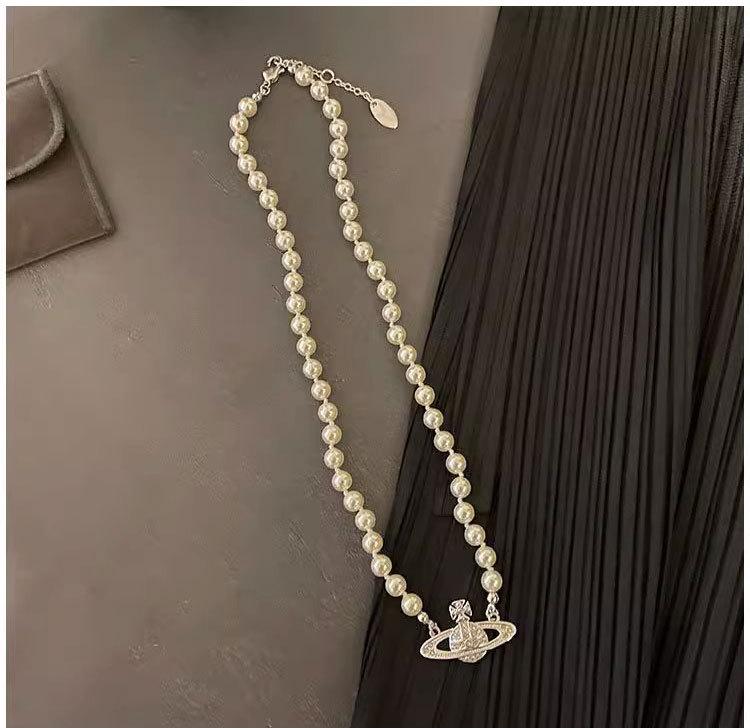 Damen Rosa Diamant Saturn Perlenkette - Stern-Stil Voll Diamant Schlüsselbeinkette, Ideales Vielseitiges Weihnachtsgeschenk